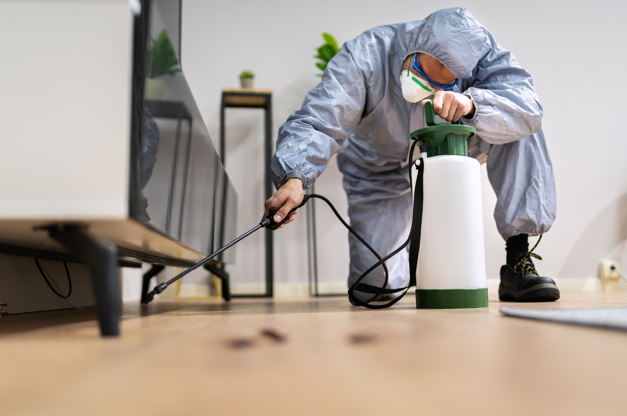 A pest control expert in protective gear spraying pesticide under furniture, offering indoor pest control in Mountain View.